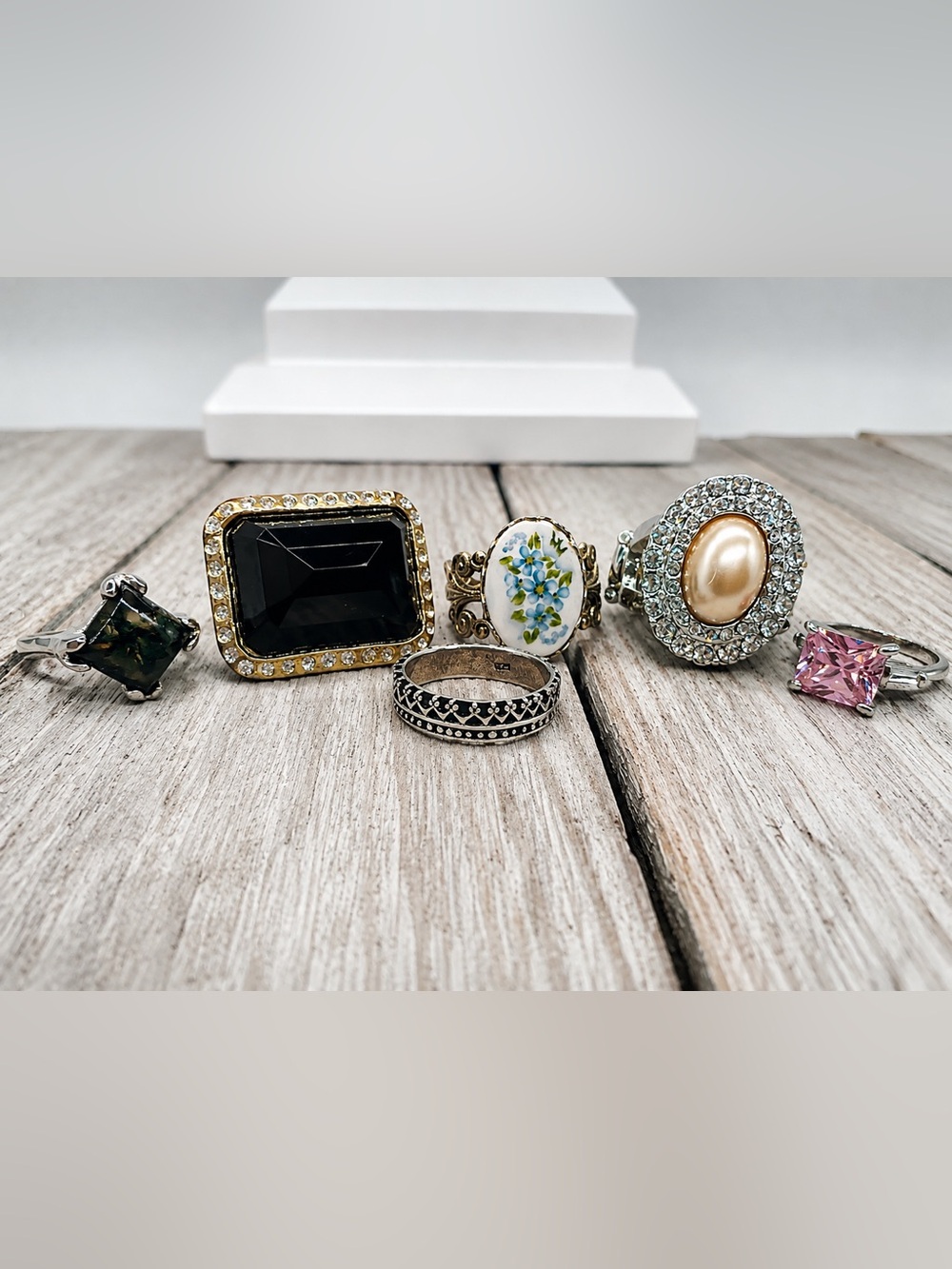 510. Lot of 6 Vintage Rings Sterling Tourmaline Ceramic Resin Glass